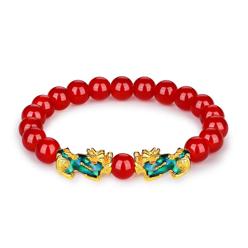 Vietnamese Sand Gold Pixiu Bracelet with Imitation Hetian Jade & Green Agate Beads, Women's Discoloring Stone, TikTok Style.