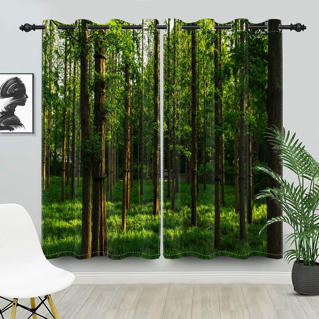 2pcs/set Blackout Curtains Sunny Forest Natural Green Space Landscape Polyester Window Bedroom Kitchen Home Interior Curtains