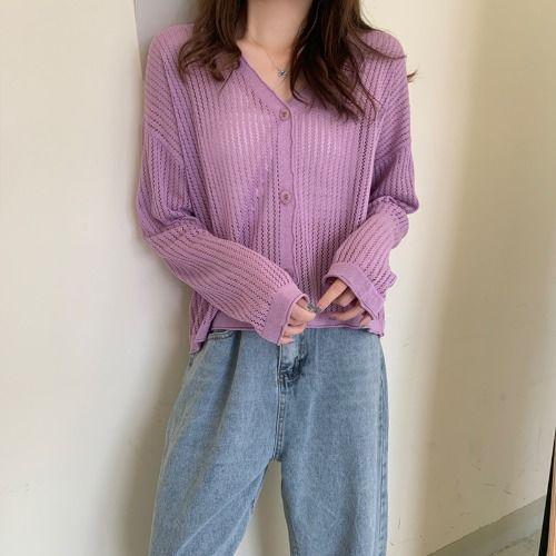 Jachetă subțire tricotată cu protecție solară pentru femei, primăvară și vară, cu decolteu în V, cămașă cu mâneci lungi, cu aer condiționat