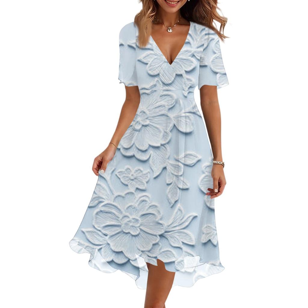 Women's Fashion Casual V-Neck Short Sleeve Floral Print Dress