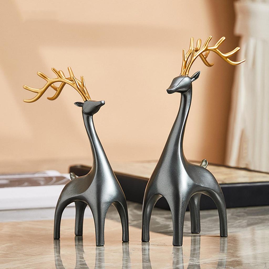 1 Pair Elk Deer Statues Figurines Desktop Ornament for Bookshelf Cabinets Versatile Resin Sculpture