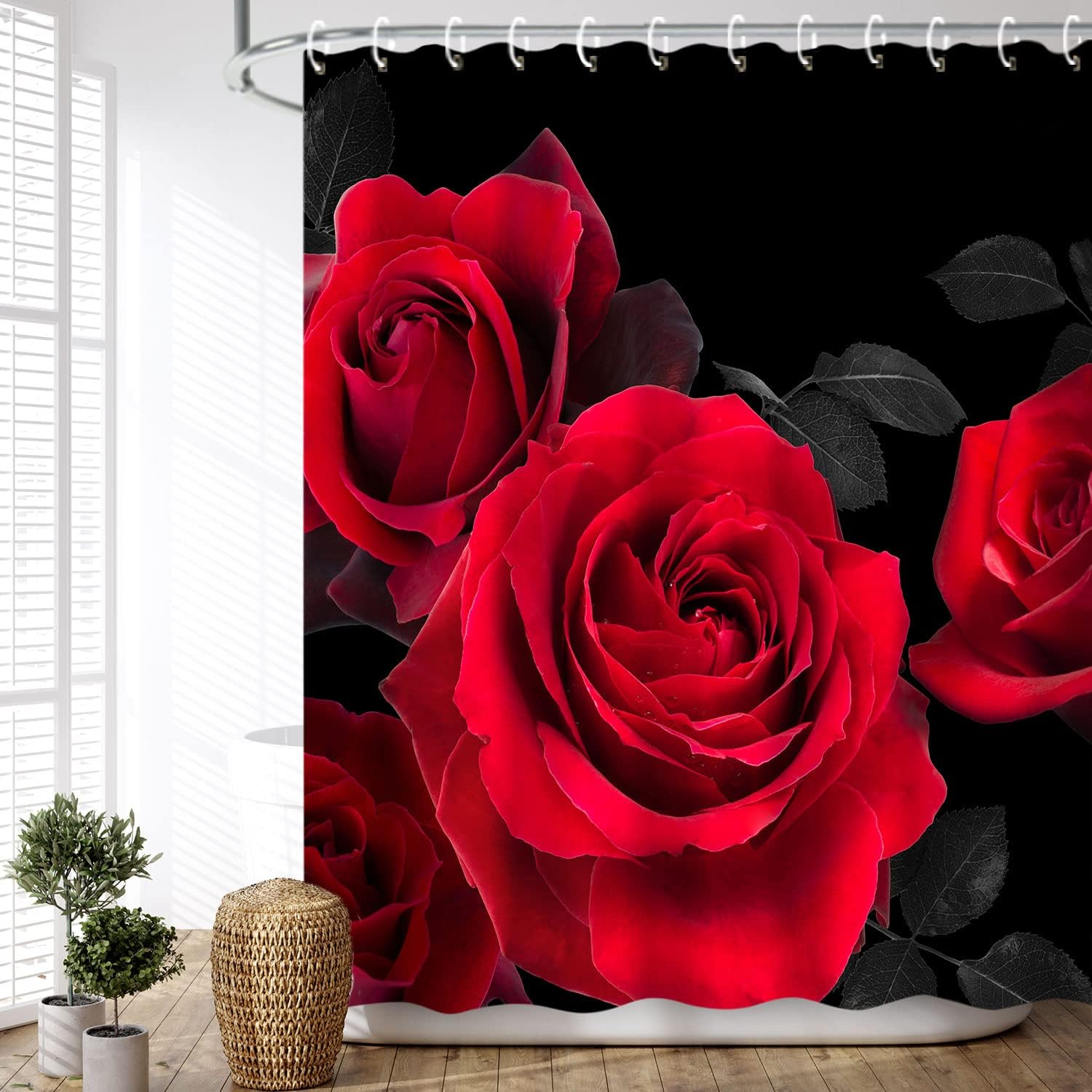 

Red Rose Shower Curtain Set With 12 Hooks Waterproof Floral Shower Curtain For Bathroom Valentines Day Shower Curtain 72 X 72 W60H190(CM)-1 Pcs