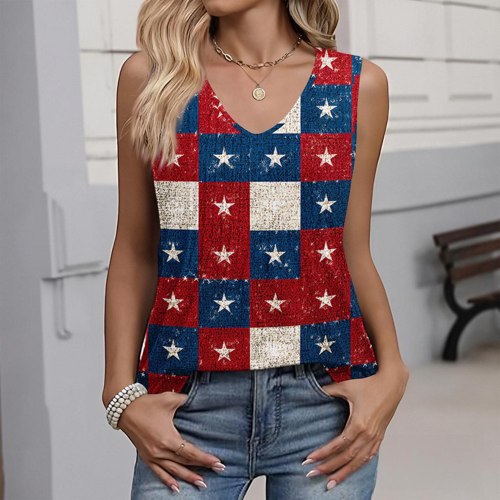 Women's Fashion Casual American Independence Day Flag and Stars Print V-neck Ruffled Sleeveless Vest T-shirt Top