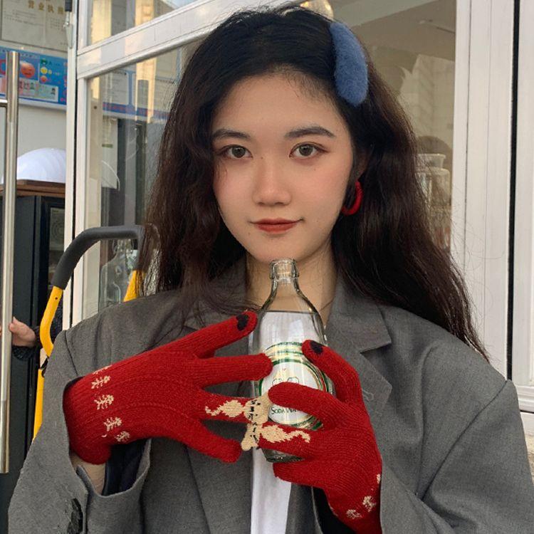 Touch Screen Christmas Red Finger Separated Gloves for Girls In Winter  Cute Korean Version Thickened Plush for Cycling Warm Winter Trend