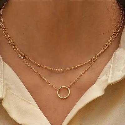 Fashionable Ring Pendant Double Layer Necklace Gold Silver Thin Chain Necklace Stackable Neck Accessories