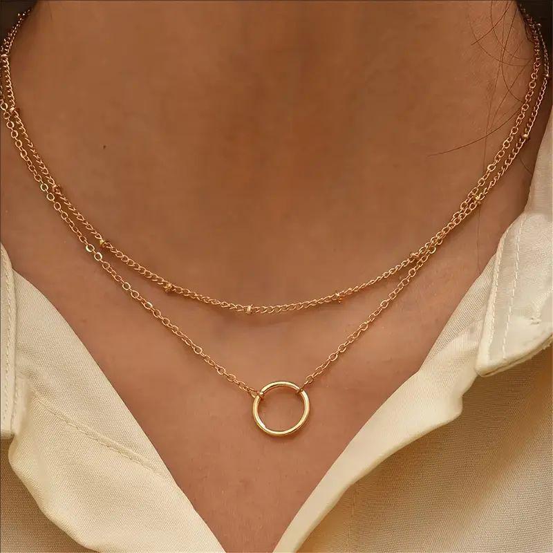 Fashionable Ring Pendant Double Layer Necklace Gold Silver Thin Chain Necklace Stackable Neck Accessories 1Pcs золотой