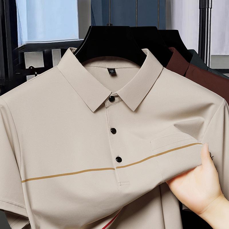 Real Pocket Striped Men'S High-End Short Sleeve Lapel Business T-Shirt Medium And Green Casual Polo Shirt Breathable