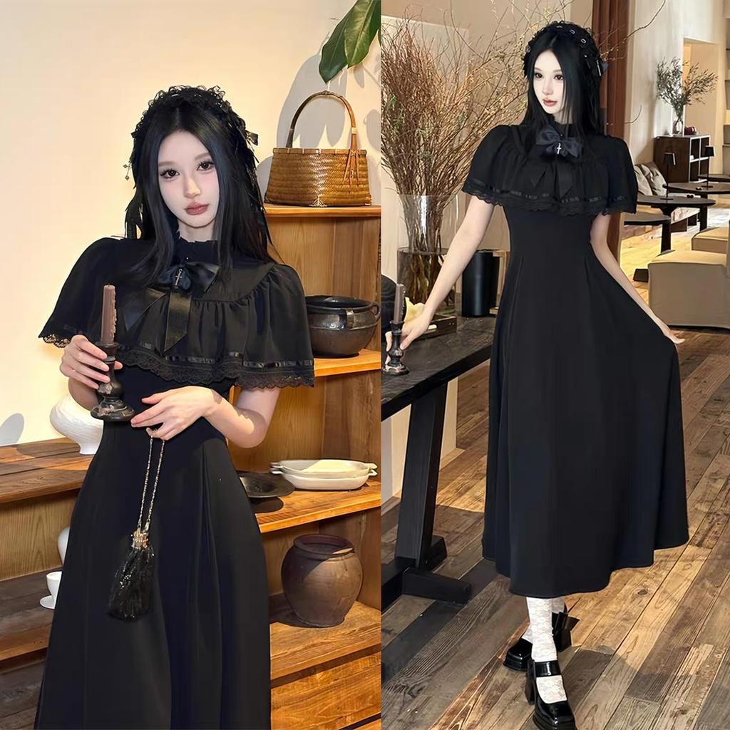 AOTYP Lolita Gothic Cute Princess Mori Girl Dress with Perfect for and Size M Dress, 2-Piece Dress, Bow, Parties, Cosplay, Halloween, Black,
