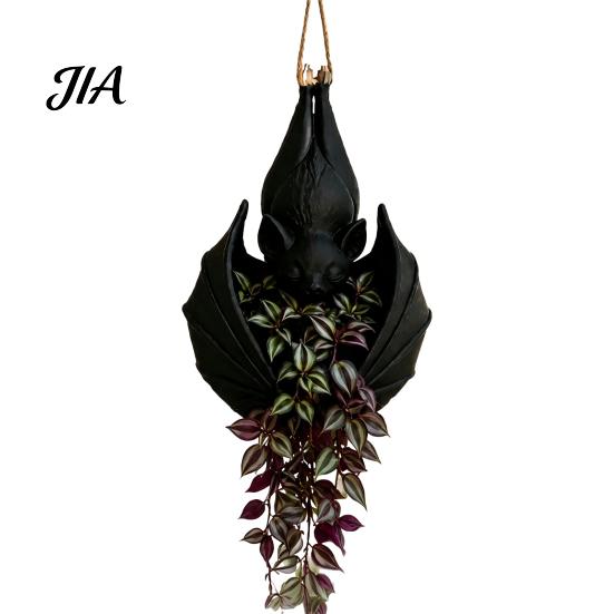 Dark Aesthetic Home Decor Hanging Bat Plant Pot, Creative Gothic Planter, Halloween Artistic Three Dimensional Carving Planter Decorative Container
