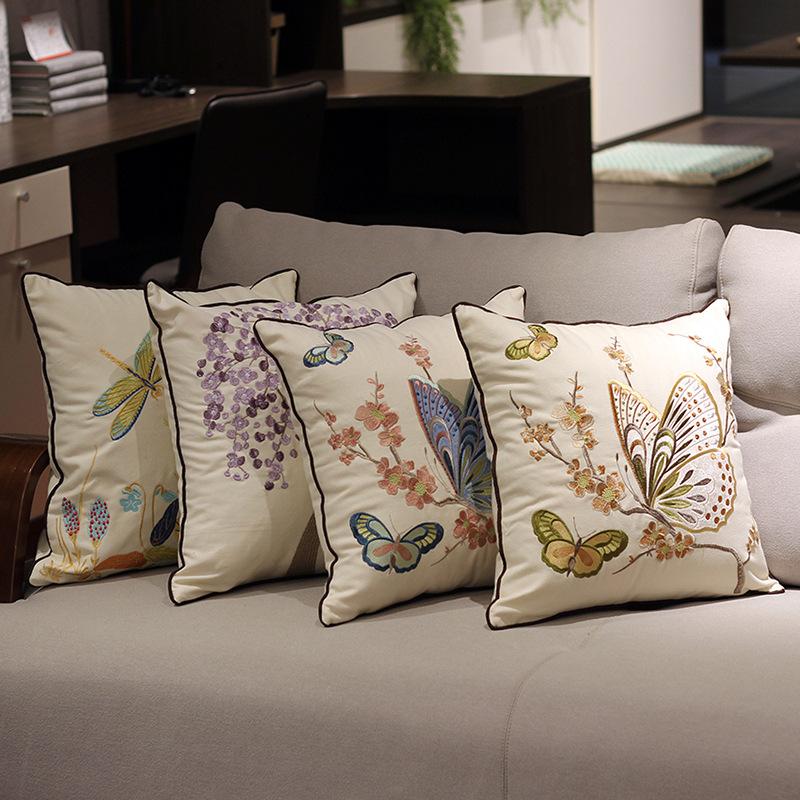 High-End Embroidered European Beige Pillow Three-Dimensional Pattern Detachable And Washable Living Room Sofa Pillow Home Bedside Cushion Quality