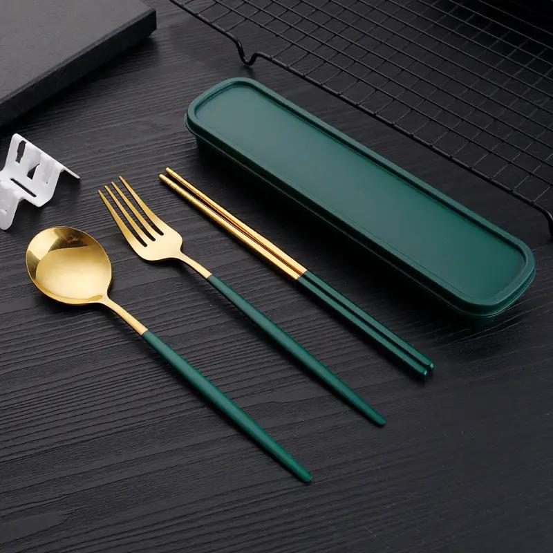 3pcs Thin Portuguese Portable Stainless Steel Cutlery Chopsticks, Forks, Spoons, Student Home Outdoor Picnic Tableware