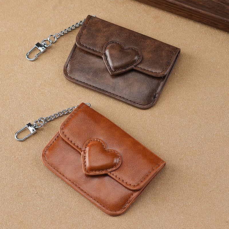 Mini Coin Purse Case Keychain Wallet Fashion PU Heart Buckle Multi-card Slots Card Holder Pouch Key Storage Bag for Women Men