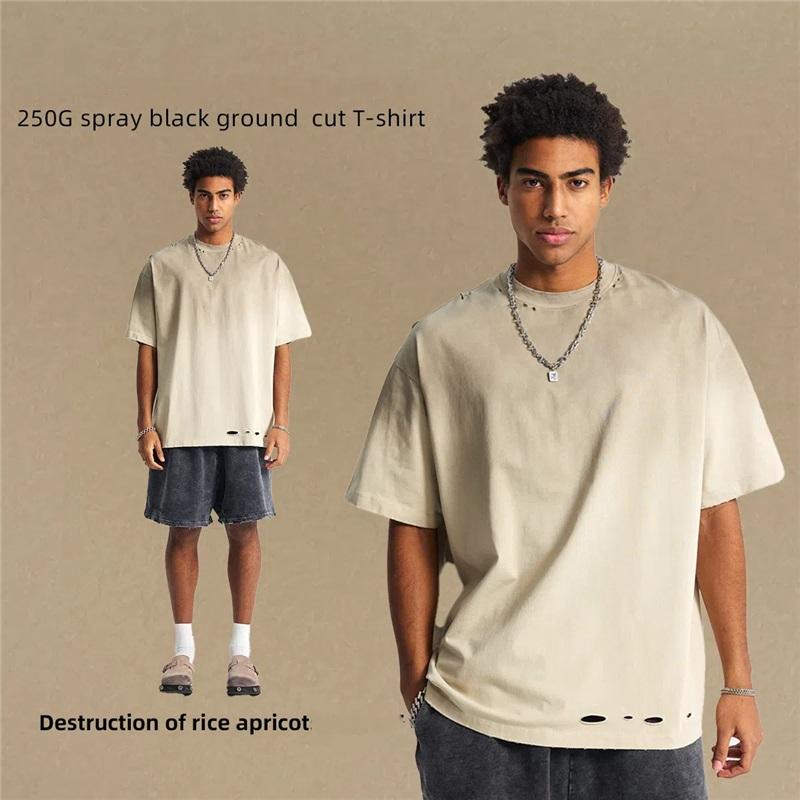 Футболка мужская с короткими рукавами окрашенная распылением с дырками в стиле ретро с потертостями с короткими рукавами L бежевый 2439₽