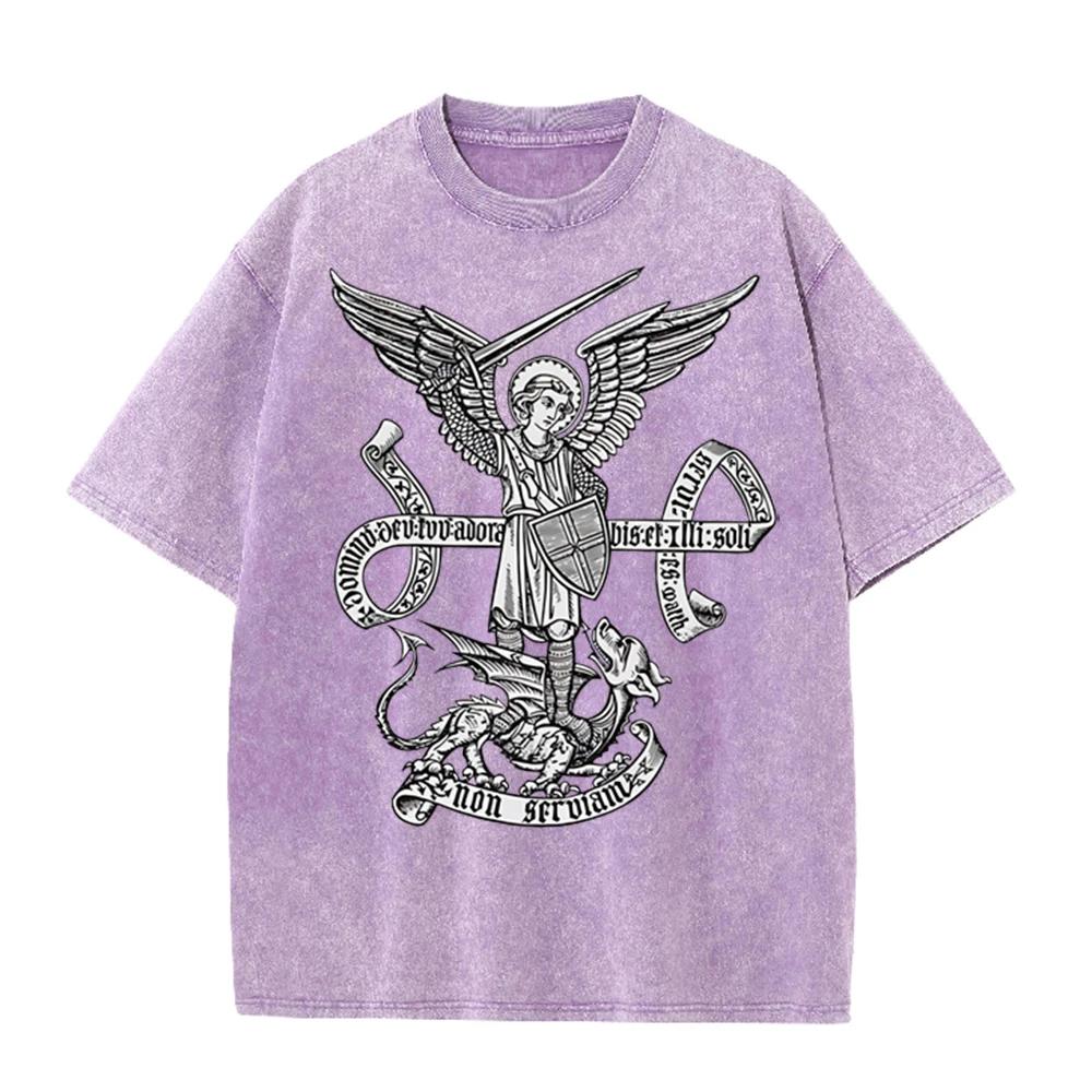 2026 Vintage St Michael Archangel Dragon Scroll Latin Text Graphic Black Acid Washed T Shirt Retro Religious Medieval Streetwear