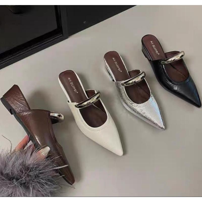 Fashion New Style Luxury Fashionable Sexy Comfortable Women's Pointed Toe Thick Heel Leather Slippers Metal Toe Sandals Banquet Slippers