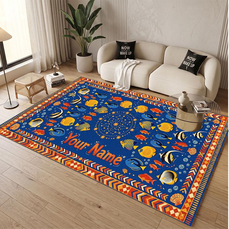 Fish Ocean Theme Soft Crystal Velvet Rug Custom Name & Text Print Non Slip Floor Rug for Bedroom Living Room