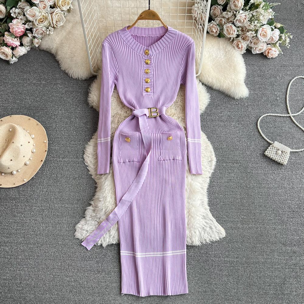 Women Dress  Autumn Winter Elegant Rib Knit Long Pencil Dress with Belt Office Lady Bodycon Sweater Dress