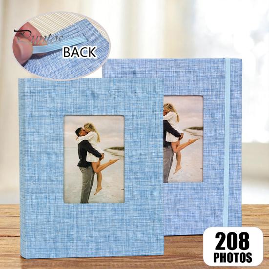 Linen Photo Album Fabric with 208 Pockets Slip-in Picture Albums Cover Memory Family Storage Book Front Window for Anniversary Vacation Wedding