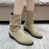 2024 Winter Women's New Western Boots Fashionable Thick Heel Slip-on Ankle Boots Women's Outdoor High Heel Mid-calf Boots