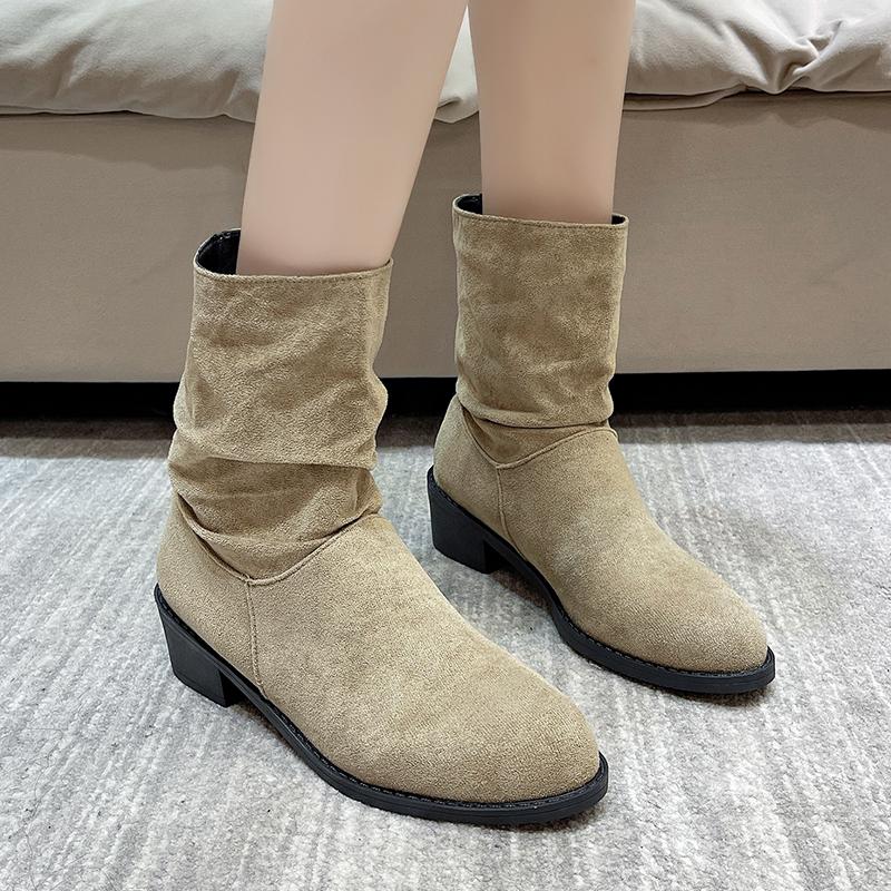 2024 Winter Women's New Western Boots Fashionable Thick Heel Slip-on Ankle Boots Women's Outdoor High Heel Mid-calf Boots