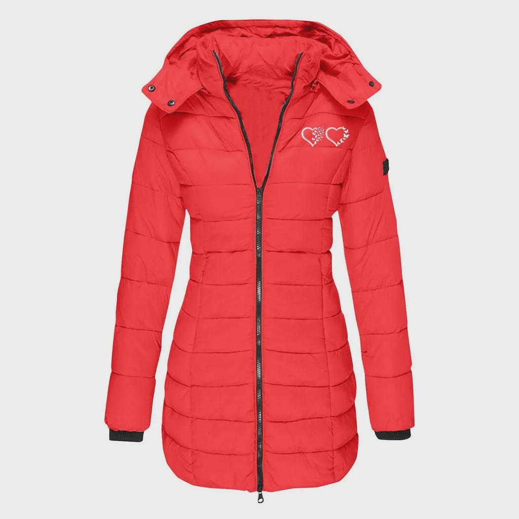 European Size Women's Mid-Length Hooded Winter Cotton Coat - Slim Fit, Solid Color, with Printed Details