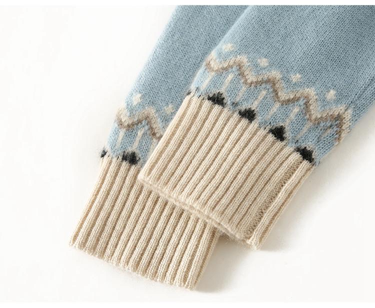 Women's Thickened Fair Isle Cashmere Pullover Sweater - Round Neck, Long-Sleeve, Double-Ply Wool Jacquard