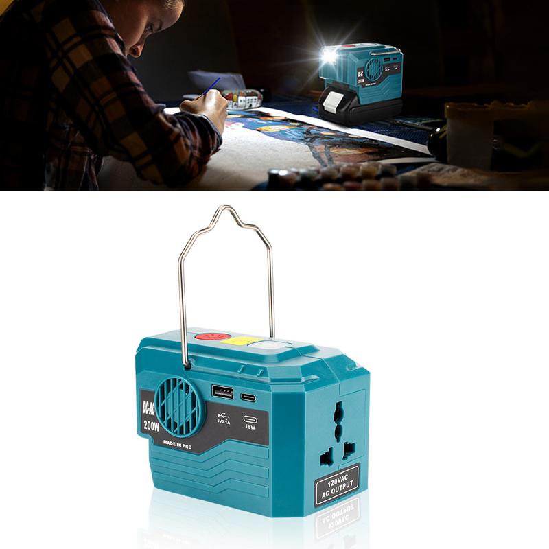 Power Inverter for Makita 18V Battery,DC 18V To AC 120V/220V Portable Power Station with USB,Type-C 280lm LED Light for Camping
