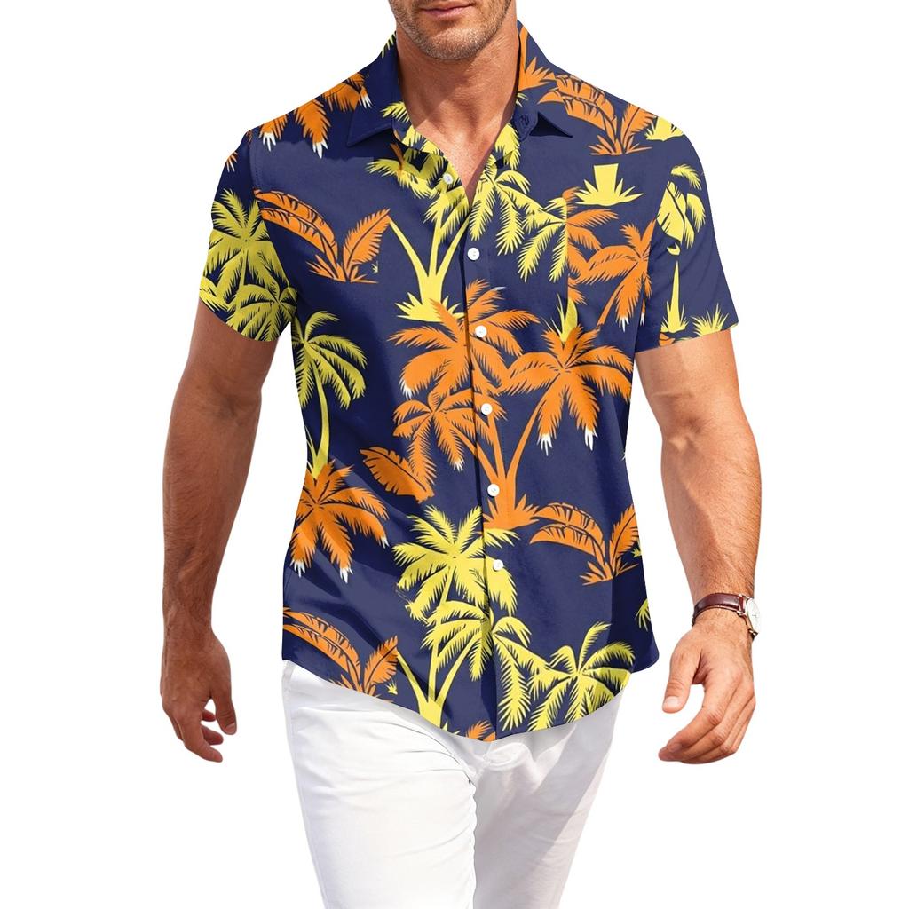 Men's Casual Loose Fit Short Sleeve Shirt Hawaiian Style Button Down Tropical Leaf Print Summer Beachwear Shirt