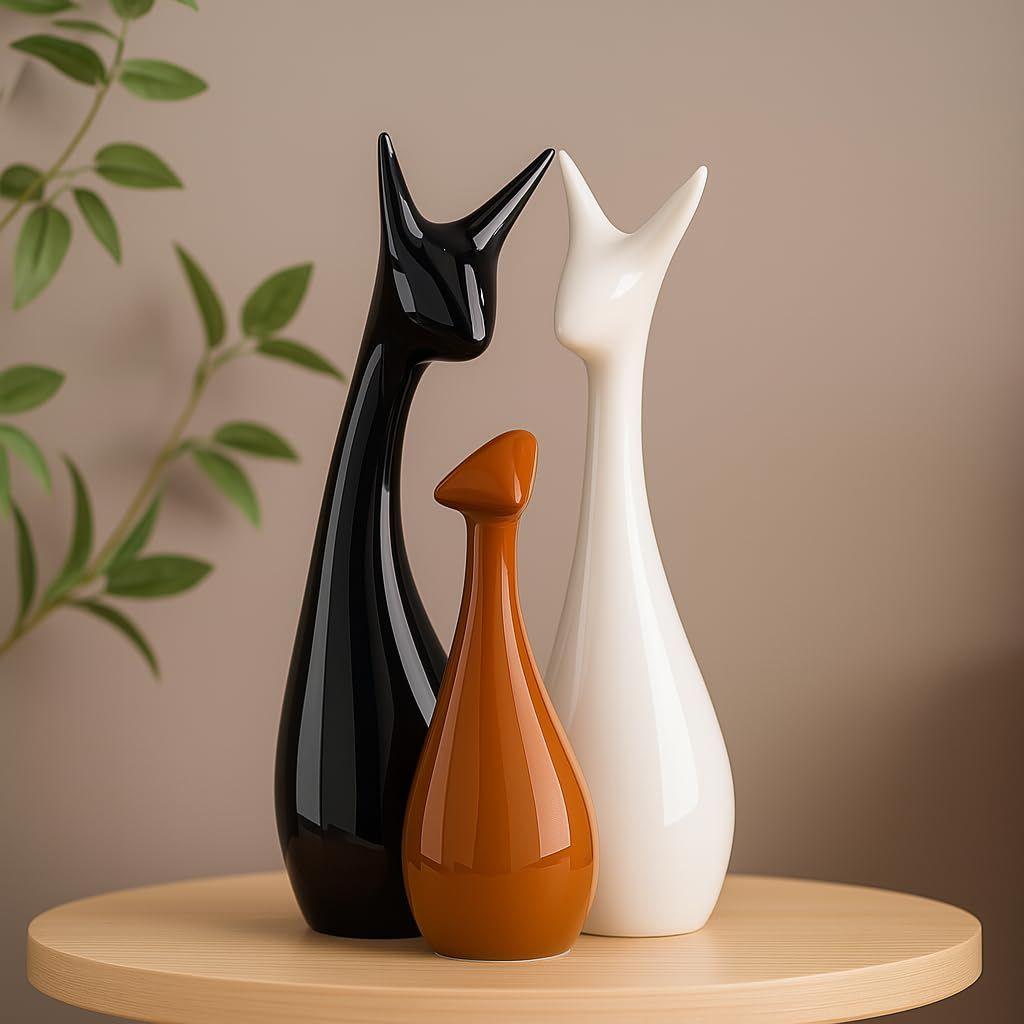 Home Decoration Lucky Deer Family Set | Piano Finish Ceramic Figures - (Set of 3, Black, White & Brown - Deer Family)