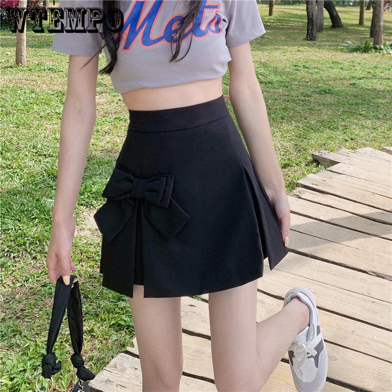 Bow Design Sense Niche Solid Pleated Suit Skirt Ladies Summer Chic Versatile High Waist A Line Half Mini Skirt