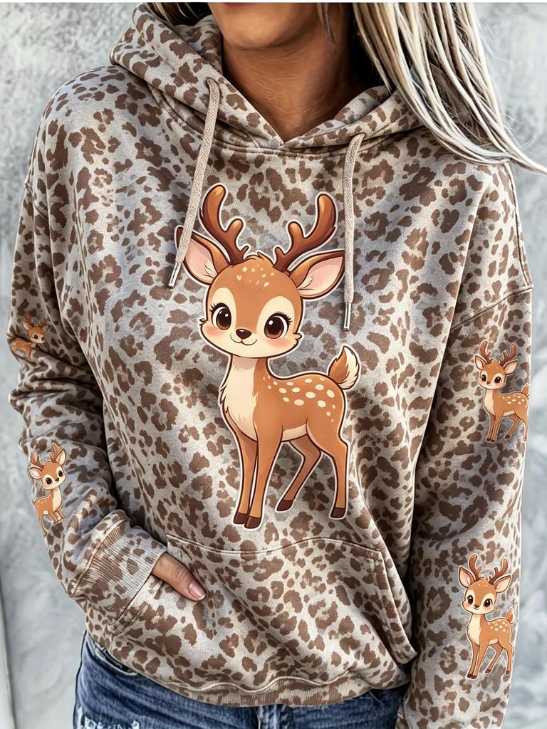 Women Fleece Hoodie Cartoon Cute Tiger Tiger‑Stripe All‑Over Sleeve Print Long Drawstring Pocket Loose Hooded Sweatshirt