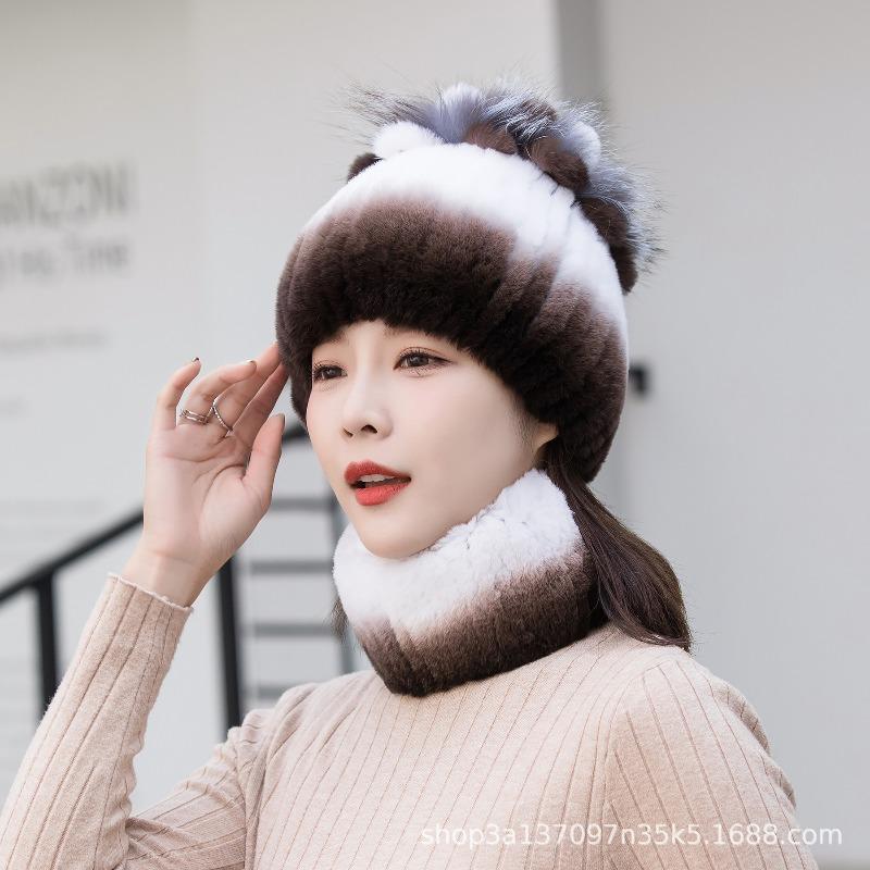 New Rex Rabbit Hair Knitted Hat Women's Autumn and Winter Thickened Ear Protection Warm Elastic Knitted Fur Hat Scarf