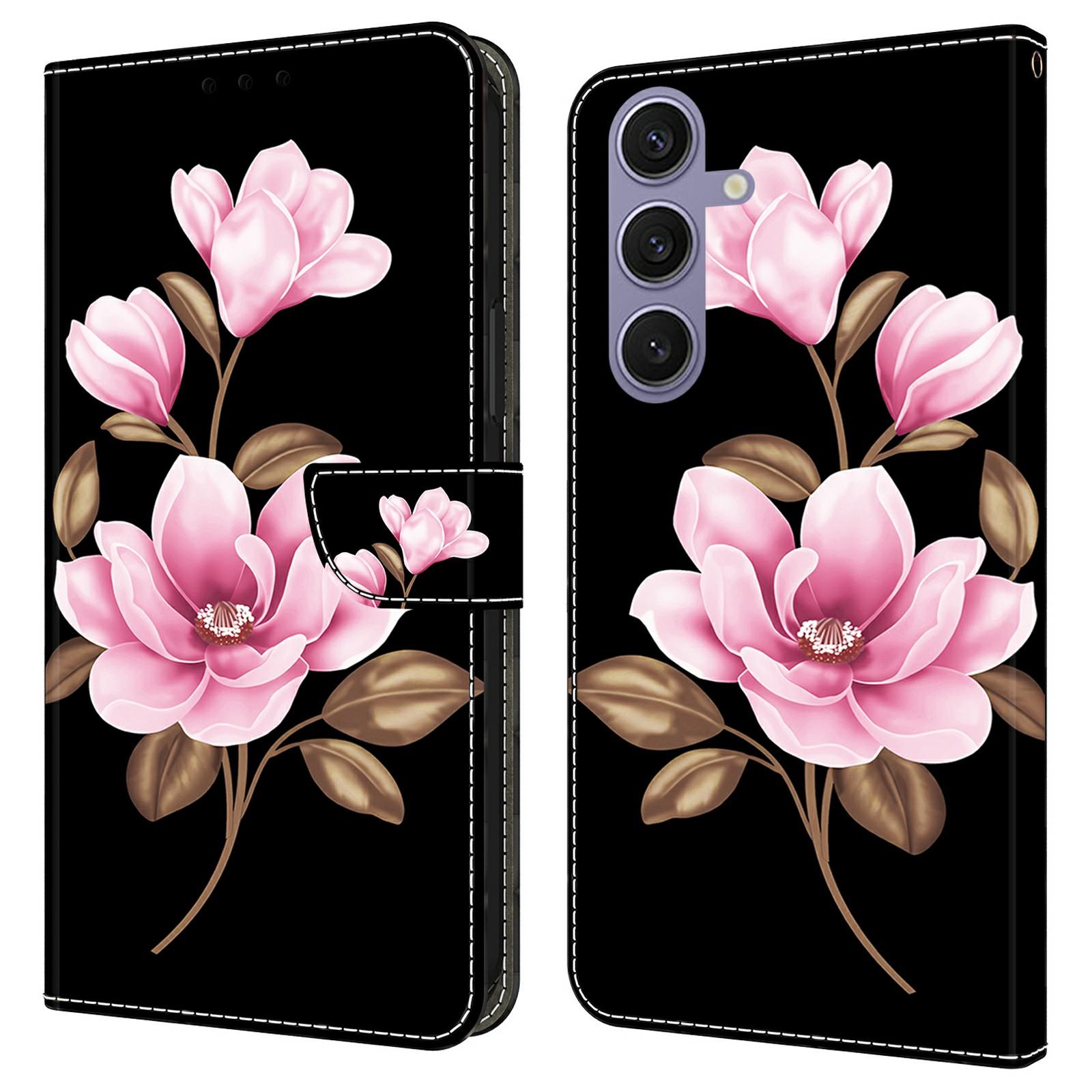 

Для Samsung Galaxy S25+/S24+ Чехол С принтом Устойчивый к падениям Кожаный Чехол-книжка с кошельком Чехол для телефона Black/Flowers