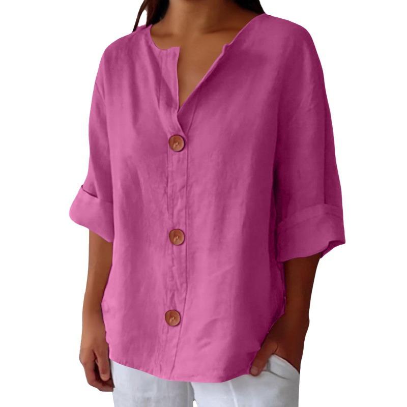 Spring and Summer New Loose T-shirt Women's V-neck Cotton and Linen Button Simple Solid Color Top