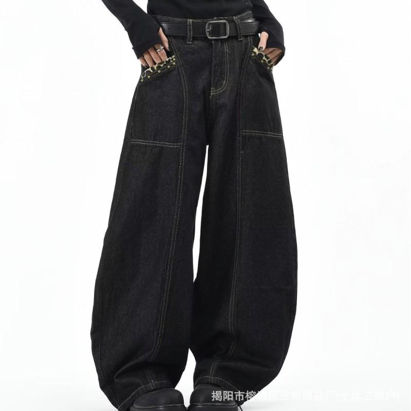 Mens Relaxed Fit Wide Leg Denim Pants With Cross Embroidery Gothic Vintage Style Straight Cut Jeans