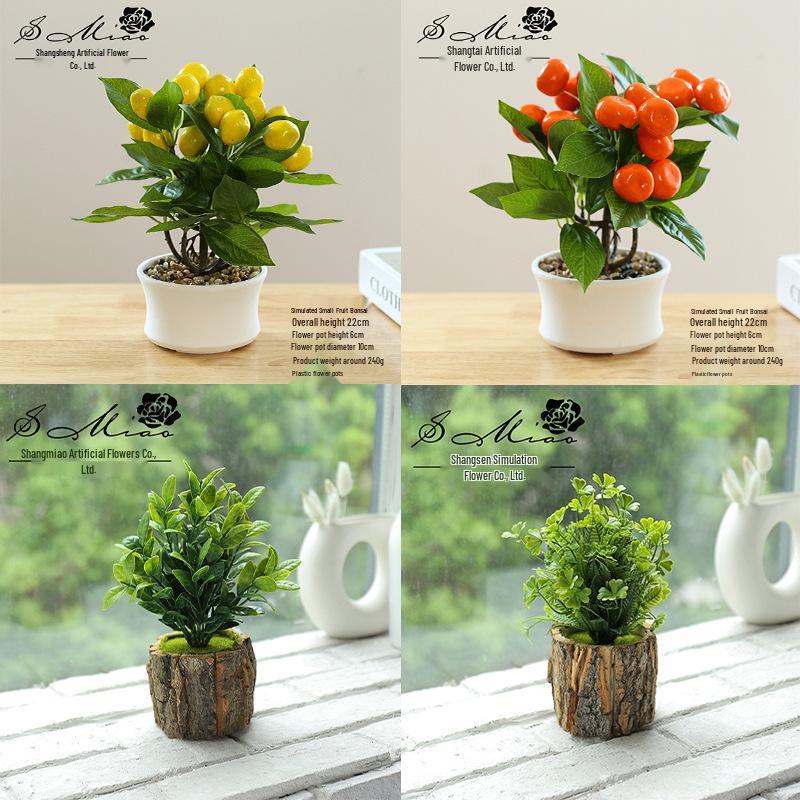 Creative Wooden Basin with Artificial Green Plant Bonsai Ornament for Display and Decoration.