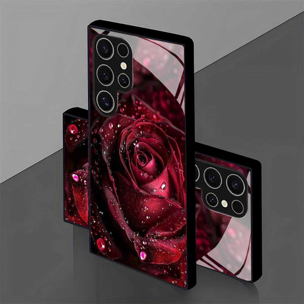 Red Rose Flower Glass Phone Case For Samsung Galaxy S26 S25 S24 S22 S23 Ultra S21 S20 Plus 5G Frosted Non-Slip Full Cover