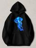 Black Pullover Hoodie with Glowing Blue Jellyfish Print Long Sleeve Sweatshirt with Kangaroo Pocket And Drawstring Hood Casual Str