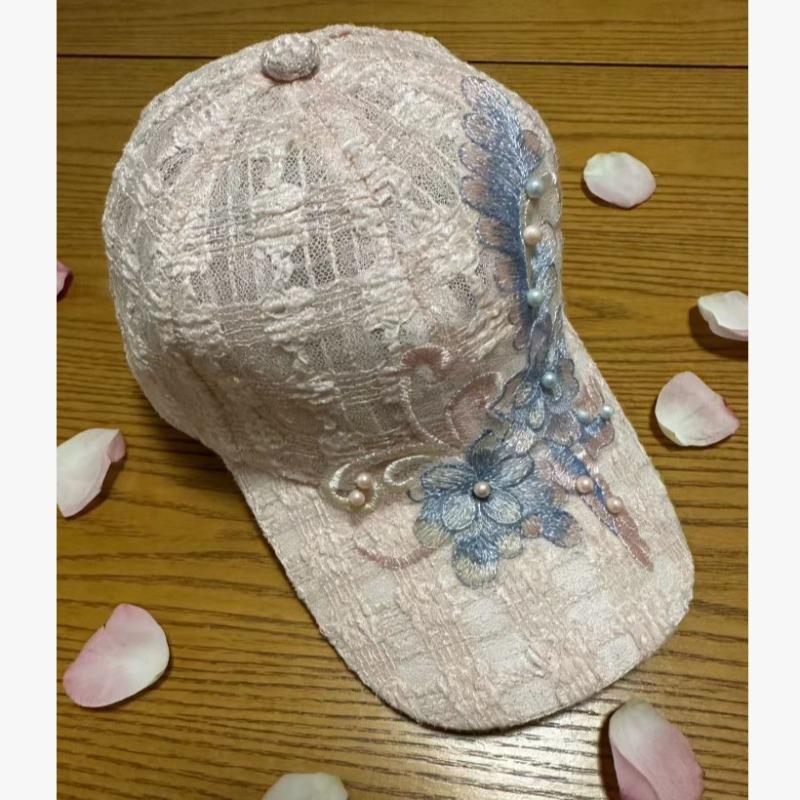 Fresh Sweet Summer Hats & Caps Lightweight Lace Sequin Flower Baseball Cap with Pearl Crystal Decorations Suitable Beach