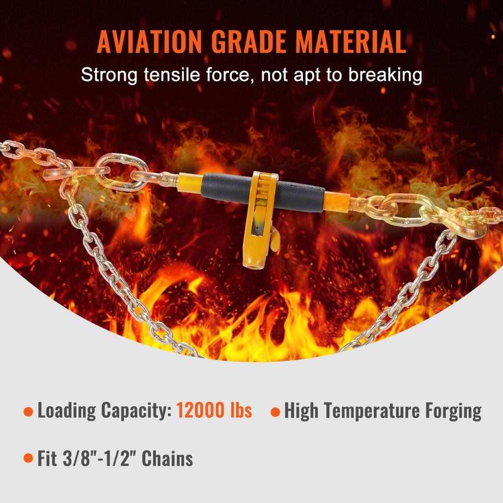 Apretable para Cadena, 3/8"-1/2" Apretables de Carga de Alta Resistencia, con Ganchos G80 Límite de Carga Segura de 12000 lbs, Mango Antideslizante de Ahorro de Mano de Obra, Amarre para Transporte