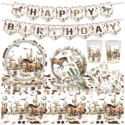 10Guests Wild West Cowboy Disposable Tableware Mexico Cactus Horse Paper Plates Napkins Kid Happy Cowboy Birthday Party Supplies