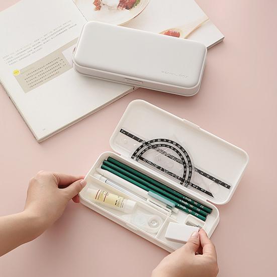Boîte à fournitures de bureau portable, fine et de grande capacité, couleur macaron, avec compartiments de rangement et coque antichoc. Organisateur de stylos de bureau.