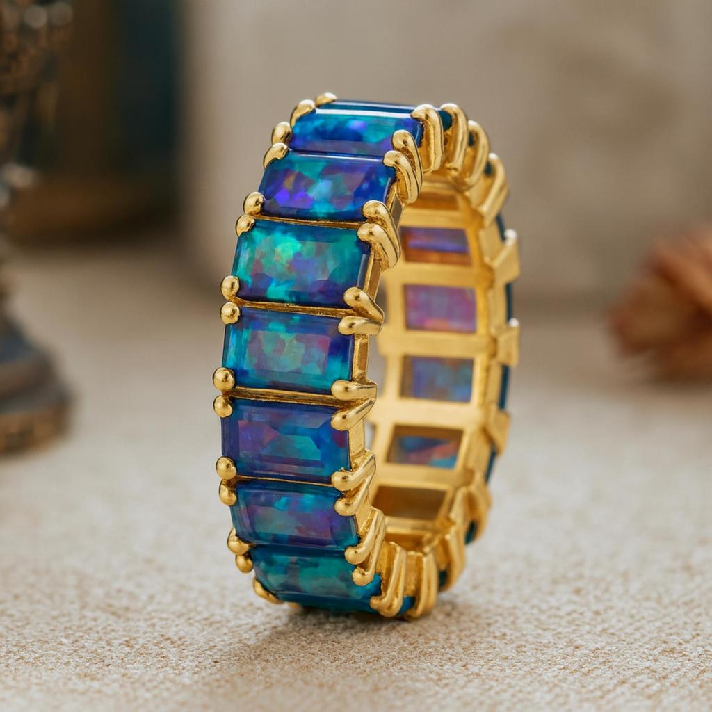 Gold Plated Black Opal Eternity 925 Sterling Silver Band – Wide Statement Ring, Vintage Inspired Wedding & Fashion Jewelry for Women