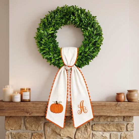 Seasonal Wreath Ornament Accessories Halloween Pumpkin Sash for Fall Front Door Decor, Orange Scalloped Fabric Party Supplies Home Ribbon with
