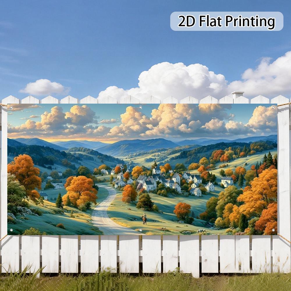 2D plane, 1 piece of autumn village landscape banner, suitable for garden and driveway decoration