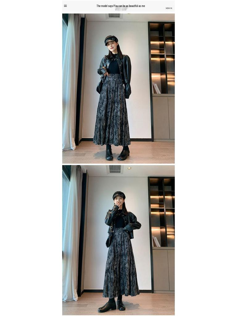 Women's Retro Tie-Dye Velvet Pleated Midi Skirt - Thickened A-line for Autumn/Winter, High Waist, Drapey, Long Skirt