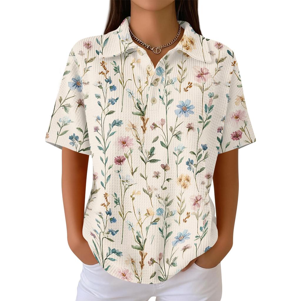 Women’s Casual Knit Short Sleeve Collared Shirt with Floral Print Relaxed Fit Lightweight Top for Everyday Wear