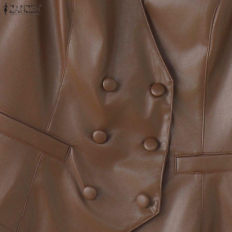 ZANZEA Women Casual V-Neck Sleeveless Faux PU Leather Cardigan Vest