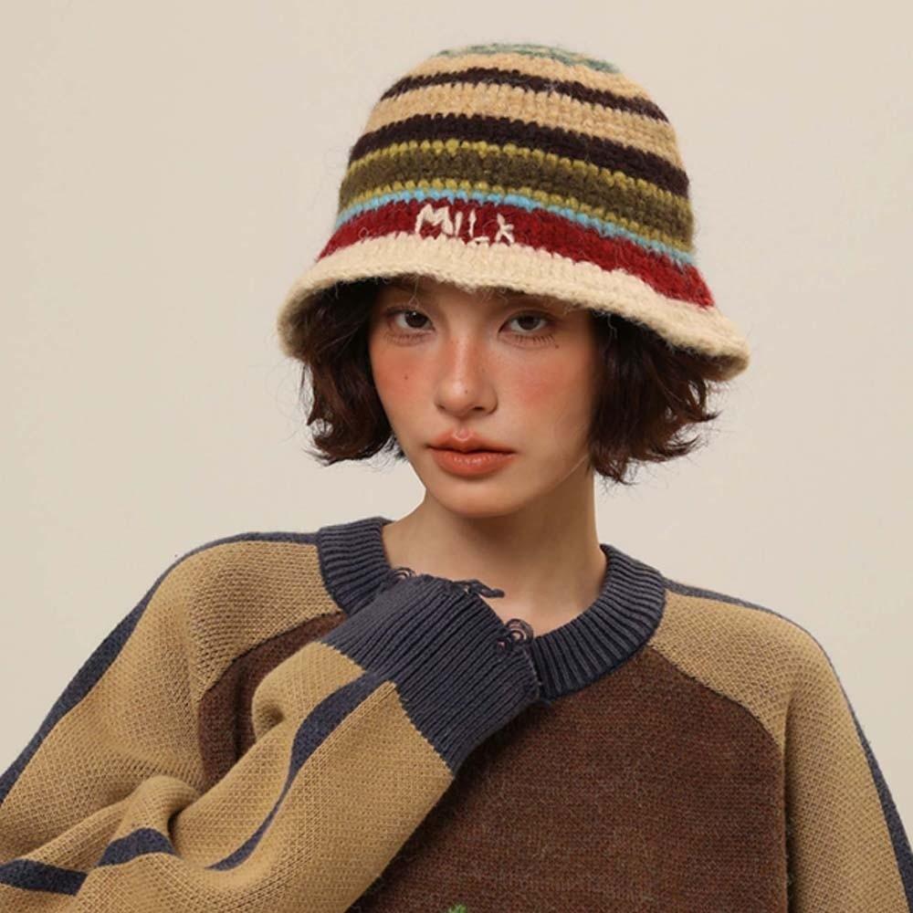 Anti-cold Knitted Bucket Hat Warm Woven Basin Cap Seaside Beach Cap Striped Fisherman Hat  Vacation