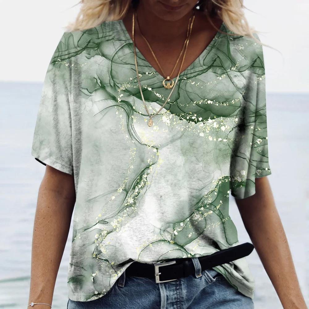 Summer V-neck 3D Marble Pattern Printed Top Fashionable Casual Short Sleeved Women's T-shirts